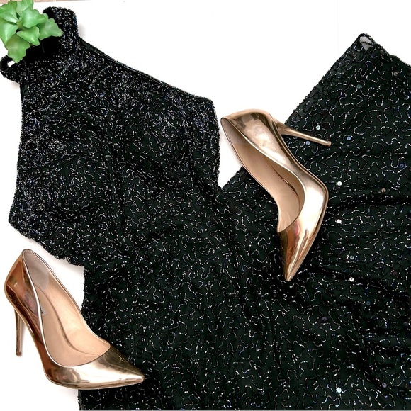 Vintage 90's Cache Black Silk Beaded Sequin Halter Gown Maxi Dress Size Large - Picture 2 of 16